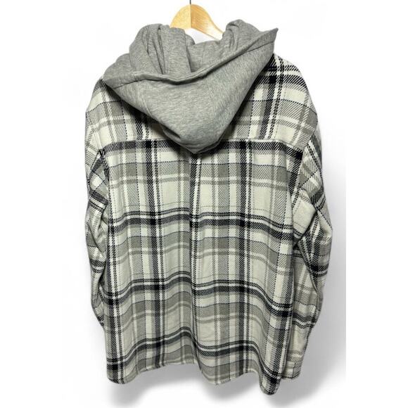 Zara Men's Plaid Shacket Button Up Hooded Shirt Jacket Cream Gray Black size L - Picture 3 of 12